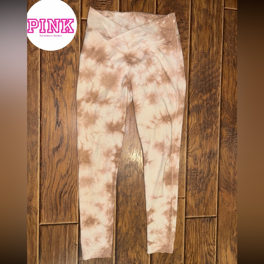 Victoria Secret PINK Leggings Womens size M, Cotton V Crossover,  Beige Tie Dye